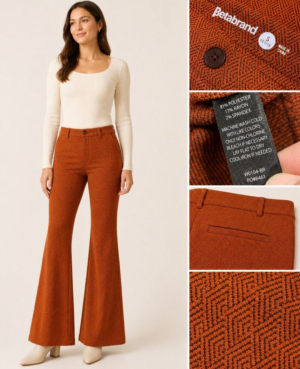 Yoga Betabrand Women's Flare Pants Size PS Rust Geometric Print 70s Style Retro